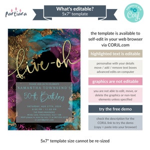 Puede incluir: Una plantilla de invitaci&oacute;n de cumplea&ntilde;os de 5x7 pulgadas con un dise&ntilde;o dorado "live-oh". La invitaci&oacute;n presenta un fondo negro con arte abstracto turquesa, dorado y rosa. El texto incluye detalles del evento e instrucciones para la autoedici&oacute;n a trav&eacute;s de CORJL.