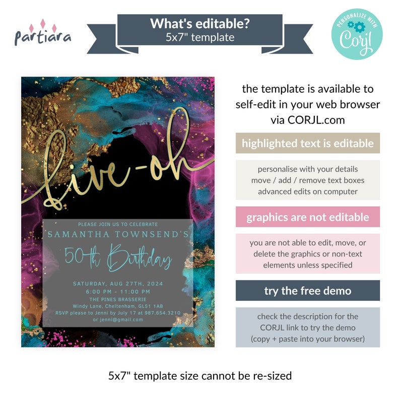 Puede incluir: Una plantilla de invitaci&oacute;n de cumplea&ntilde;os de 5x7 pulgadas con un dise&ntilde;o dorado "live-oh". La invitaci&oacute;n presenta un fondo negro con arte abstracto turquesa, dorado y rosa. El texto incluye detalles del evento e instrucciones para la autoedici&oacute;n a trav&eacute;s de CORJL.