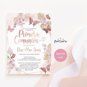 Invitación de comunión española, invitaciones de primera comunión, invitación de mariposa para niña imprimible, decoración rosa y dorada, descarga digital editable P171