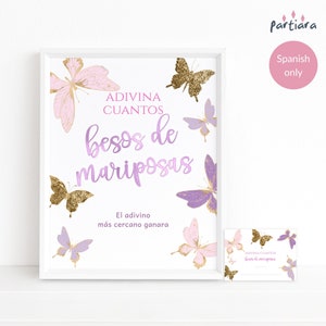 Butterfly Baby Shower Games Spanish Party Printable, Guess How Many Butterflies Kisses Table Sign and Notecard Set, Editable Download P345