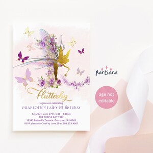 1st Birthday Invitation Fairy Party Digital Download, Girls Enchanted Butterfly Garden Pink Purple Decor Printable, Editable Template P276
