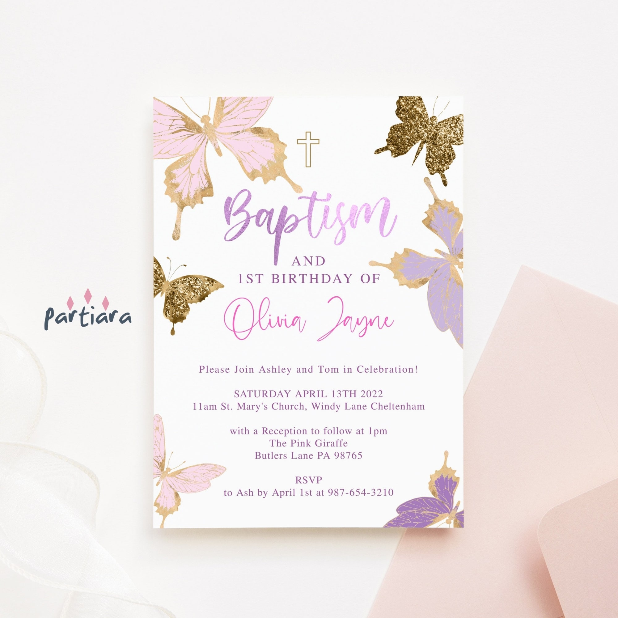 Editable Butterfly Baptism 1st Birthday Invite Girl's Etsy