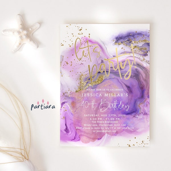 DIY Purple Swirl Birthday Invitation Adult Let's Party Pink Gold Editable Surprise Invites Any Age Milestone Printable Digital Download P132