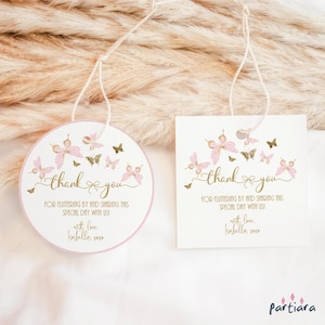 Etichette a farfalla rosa, modello di regalo di ringraziamento, etichetta per bambina, primo compleanno, baby shower, battesimo o festa di battesimo, stampabile, modificabile P293