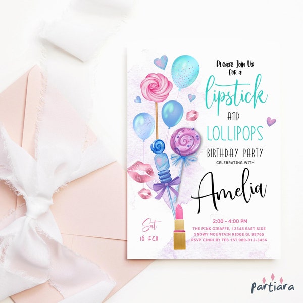 Pamper Birthday Party Invitation Girl Printable Candy Lipstick and Lollipops Make-Up Party Invite Editable Digital Download Template P346