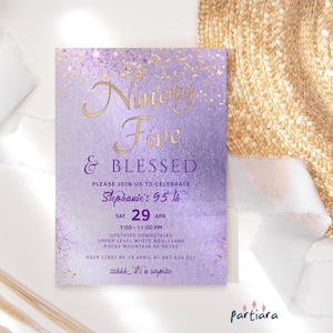 Purple 95th Birthday Invitation, Ninety Five and Blessed Party Invite Printable for Women, Ladies Dinner Invites, Editable Download P264