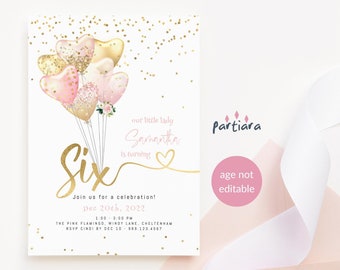 DIY Pink Gold Balloons Birthday Invite Girl's 6th Birthday Party Invitations Editable Printable Template, Blush Glitter Hearts Decor P111