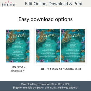 Emerald Gold Menu Card Birthday Dinner Party Menus Printable Ladies ...
