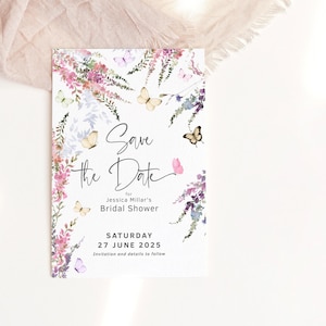 Brautparty Speichern Sie die Datumskartenvorlage, Floral Speichern Sie die druckbaren Daten, Mädchen Schmetterling Wildblumenkarten, Bearbeitbarer Digitaler Download P256