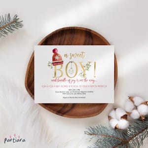 Invitación para baby shower de Navidad para niño, invitación imprimible con un dulce paquete de alegría, tarjeta de bebé de Año Nuevo, descarga digital editable, decoración en rojo y dorado P728
