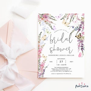 Butterfly Bridal Shower Invitation Printable Wedding Party Invite Editable Pastel Spring Floral Wildflowers Decor Editable Template P256