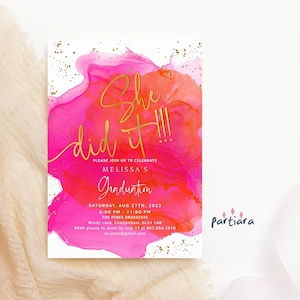 Invito alla laurea Invito alla festa rosa arancione stampabile, She Did It College University Grad Bash Inviti, modello modificabile Scarica P200