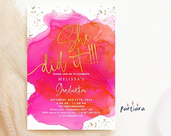 She Did It Invite Graduation Party Invitations Ladies Celebration Printable Digital Download Editable Template Hot Pink Orange Decor P200