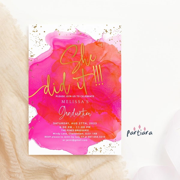 She Did It Invite Graduation Party Invitations Ladies Celebration Printable Digital Download Editable Template Hot Pink Orange Decor P200