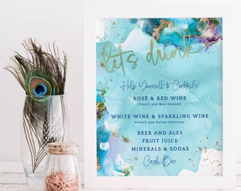 Beach Theme Bar Menu, Birthday Drinks Party Table Sign Printable, Turquoise Teal Gold Decor Men, Editable Digital Download Template P243
