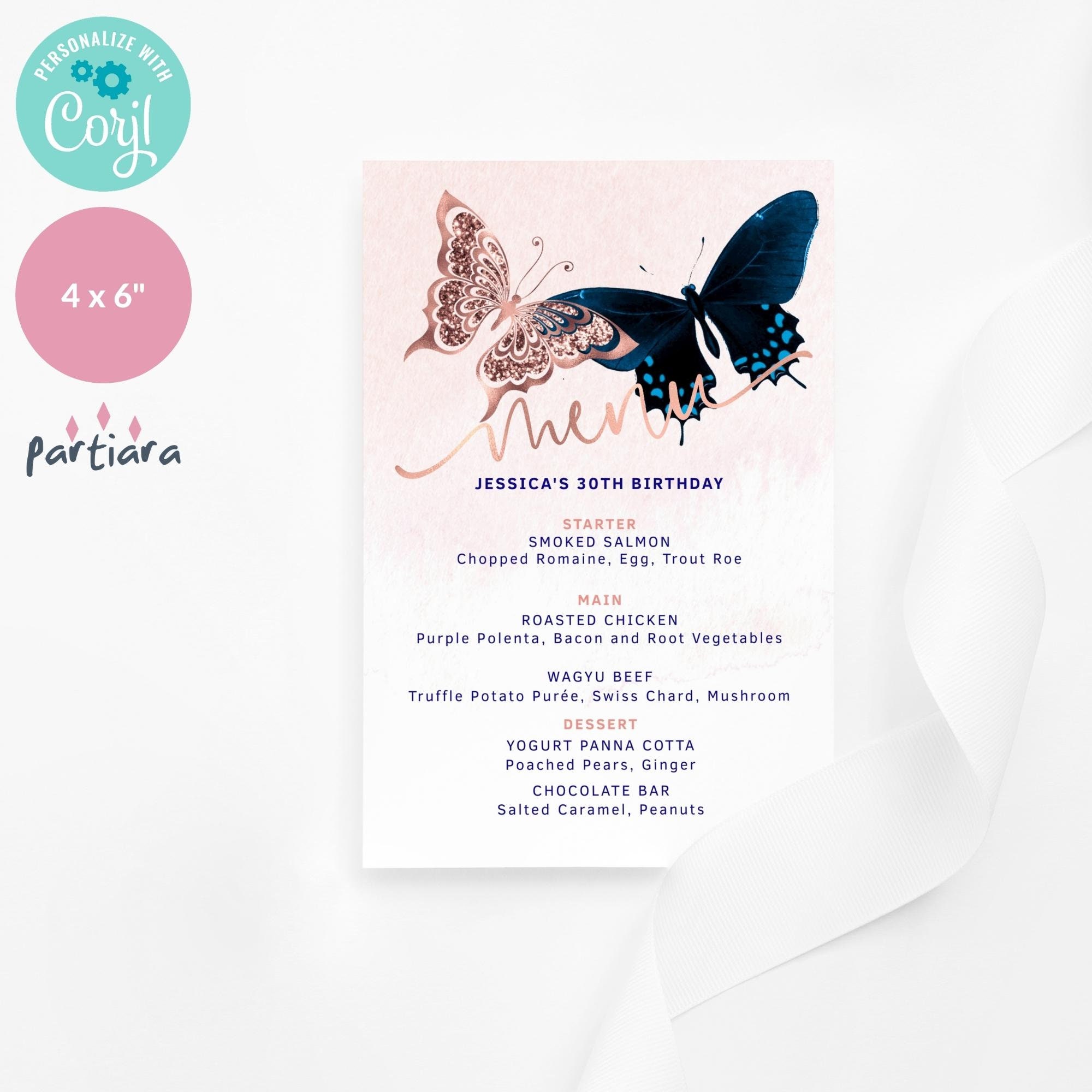 Pink Blue Butterfly Menu Card Printable Ladies Birthday Party Etsy México