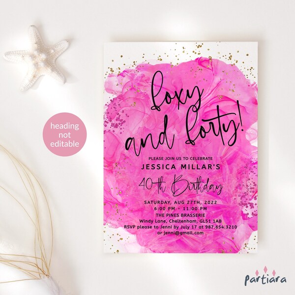 Hot Pink 40th Birthday Invite Foxy and Forty Brunch Lunch Dinner Party Invitation for Ladies Fuchsia Pink Black Decor Editable Download P200