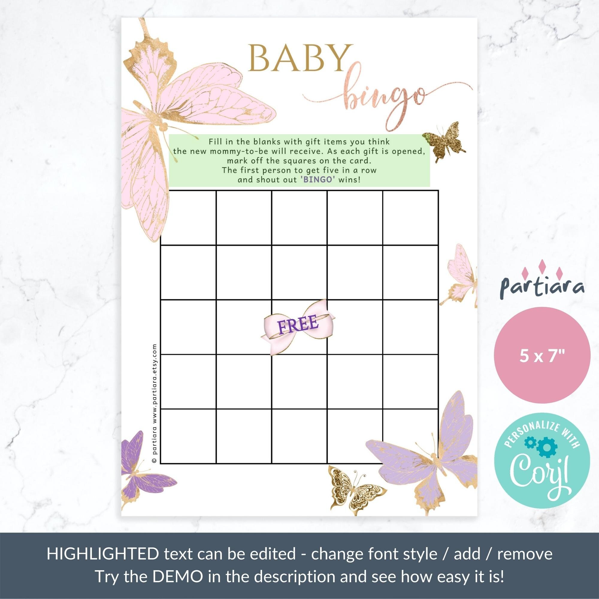 Butterfly Baby Shower Girl Bingo Card Printable Editable - Etsy