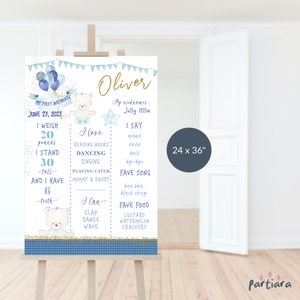 Teddy Bear Milestone, 1st Birthday Board Printable, Boy First Birthday Poster, Blue Silver Balloons Decor, Editable Digital Download P291