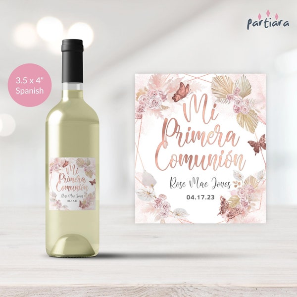 Girl First Communion SPANISH Labels Printable Wine Bottle Labels Bohemian Floral Butterflies Rose Gold Decor Primera Comunion Editable P171