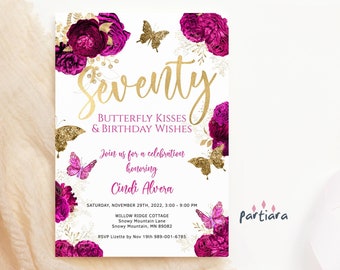 Editable 70th Birthday Invite Butterfly Floral Hot Fuchsia Pink and Gold Garden Tea Party Invitation Printable Digital Download Cards P274