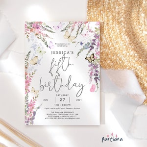 May include: A floral-themed birthday invitation for a girl's fifth birthday party. The invitation features a watercolor design with butterflies and flowers in shades of pink, purple, and green. The text on the invitation reads "Jessica's fifth birthday" and includes the date, time, and location of the party.