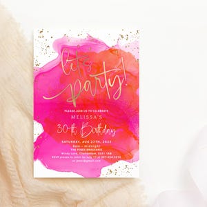 Oranje roze verjaardagsuitnodiging laat partij afdrukbare dames fuchsia roze gouden brunch diner drankjes bewerkbare digitale download P200