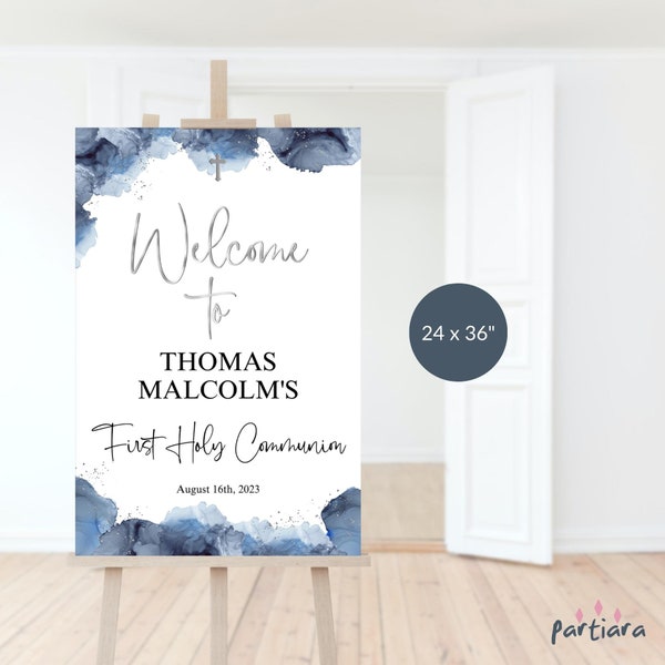 Blue Communion Sign Welcome Party Poster Decoration for Boys Navy Blues and Silver Decor Baptism Christening Editable Digital Download P263
