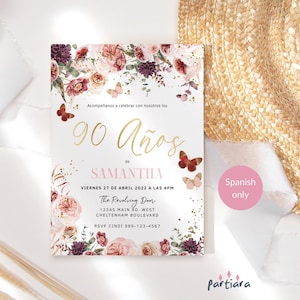 Dames 90e verjaardagsuitnodiging bloemen Spaans Fiesta vlinder etentje uitnodiging afdrukbare bewerkbare downloadsjabloon Blush roze rood P173
