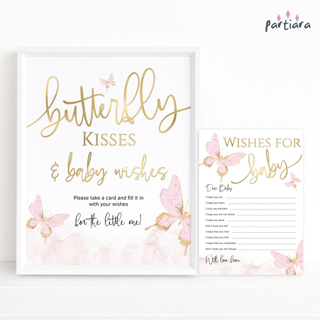 Butterfly Kisses Baby Wishes Sign and Notecard Girl Baby Shower Party