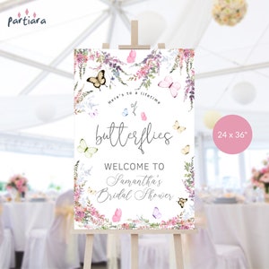 Braut Schmetterlinge Zeichen Willkommen Brautparty Schmetterling Party Board Druckbare, Pastell Rosa Wildblumen Blumendekor, Bearbeitbare Vorlage P256