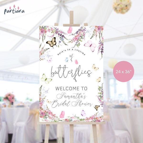 Butterflies Bridal Shower Welcome Sign Printable Pastel Wildflowers Floral Brunch Party Welcome Poster Decor Editable 24x36 Template P256