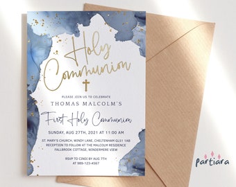 First Holy Communion Invite Boy Printable Navy Blue and Gold Party Invite Editable Digital Download Template P239 P132