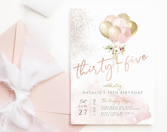 35th Birthday Invitation Template: Rose Gold Pink Balloons Printable (Digital Download) P382