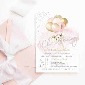 Boho Taufe laden Mädchen ein, 1. Geburtstag gemeinsame Party Einladung zum ausdrucken, Pastell Rosa Gold Ballons Karte, bearbeitbare Vorlage Download P344