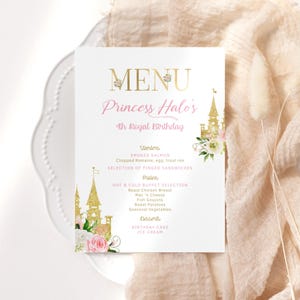 Cartão de menu de princesa para impressão Menus de festa de conto de fadas Modelo de menu de mesa editável para chá de bebê de menina 1º aniversário Decoração de castelo rosa dourado P137