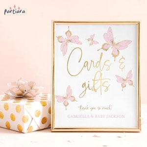 Verjaardag vlinder kaarten en geschenken tafel teken afdrukbare meisje 1e verjaardag babyshower of doop tafels decor bewerkbare sjabloon P6 P293