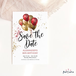Modèle de carte de faire-part « Save the Date » modifiable en or rouge et ballons d'anniversaire « Save the Dates » pour femmes, adolescentes, téléchargement imprimable P216