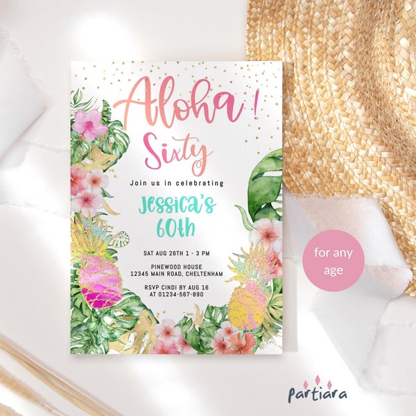 Aloha Sixty Birthday Invitation Editable Template Ladies Tropical Garden Pool Party Invites Printable Pink Gold Floral Pineapple Decor P47