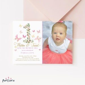 1st Birthday Invitation Butterfly Party Template, Girls Pink Floral Photo Invite Printable, Editable Digital Download Card P376