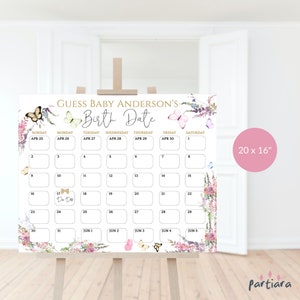 Plantilla de calendario con fecha de parto de bebé con flores silvestres, póster imprimible con juegos de predicción de cumpleaños para baby shower de niña, mariposa floral editable P256
