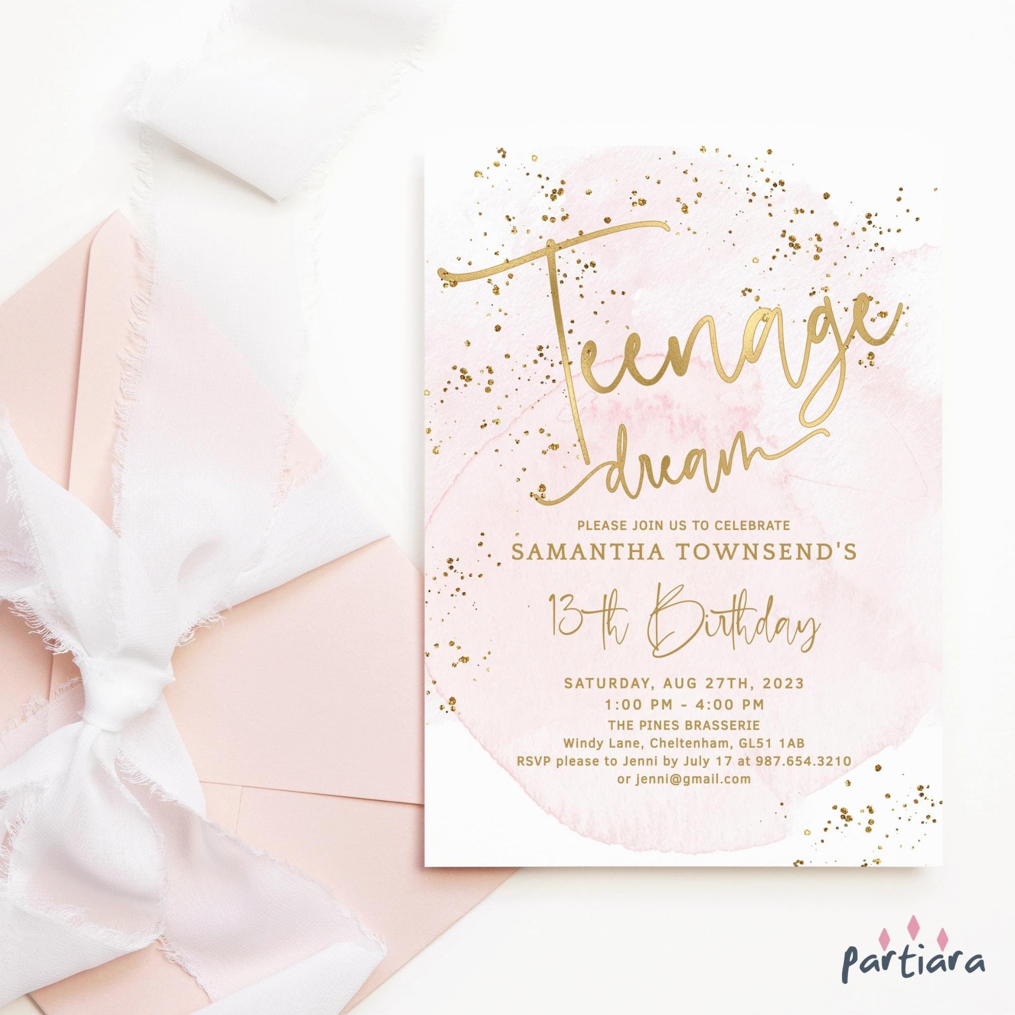 Girl 13th Birthday Invite Printable Teenage Pastel Pink Gold - Etsy