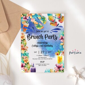 Summer Brunch Invite Pool Party Template, Teens Birthday Brunch Invitation Printable, Tropical Hawaiian Floral Decor, Editable Download P778