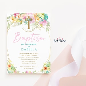 Plantilla floral pastel para invitación de bautizo de niña, invitación para fiesta de Pascua o primavera, imprimible, tarjeta digital editable (P310)