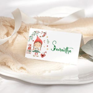 Modelo de cartão de lugar de Natal para crianças, cartões de configuração de lugar para festa de aniversário de elfos para meninas, para impressão, download digital editável, etiquetas de alimentos P191