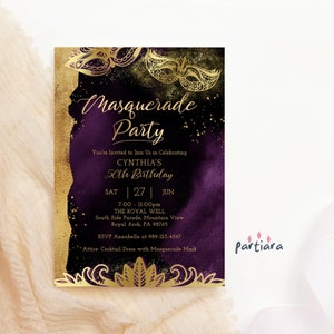 Purple Gold Masquerade Party Invite Ladies Masquerade Dinner Ball Printable Royal Purples Decor Editable Digital Download Template P194