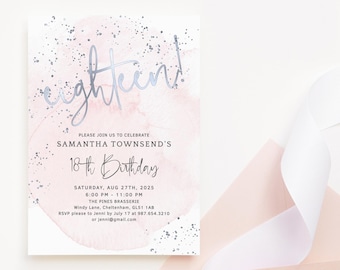 Sjabloon 18e verjaardagsuitnodiging, roze 18e verjaardag uitnodiging afdrukbare voor meisjes, pastel blush zilveren kaart, bewerkbare digitale download P249