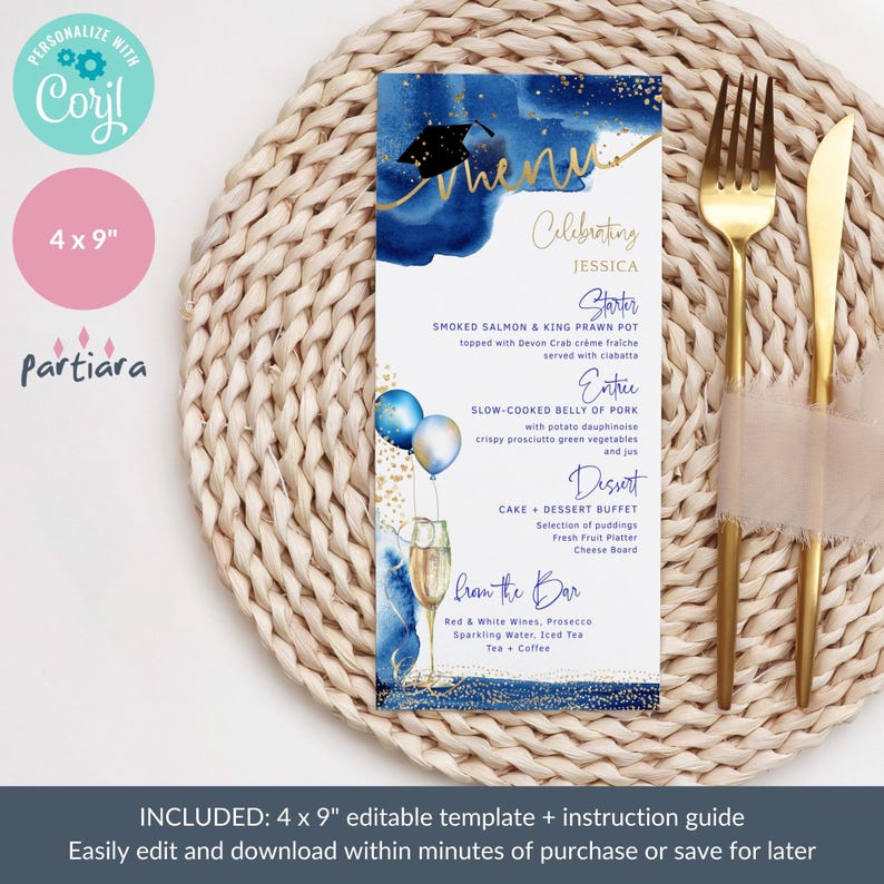Menu Greeting Graduation Blue Graduation Menu Template, Blue and Gold Grad Dinner Menus ...