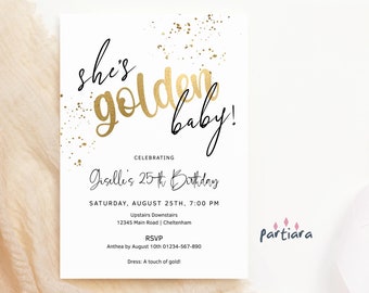 Golden Birthday Invitation Editable Black and Gold Lucky Party Invites Any Age Kids and Adults Printable Digital Download Confetti Sprinkle