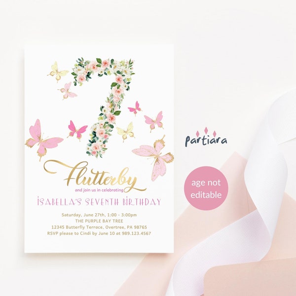 DIY Flutterby Birthday Invitation Girl 7th Birthday Party Invites Printable, Blush Pink Floral Gold Butterflies Decor Digital Download P6